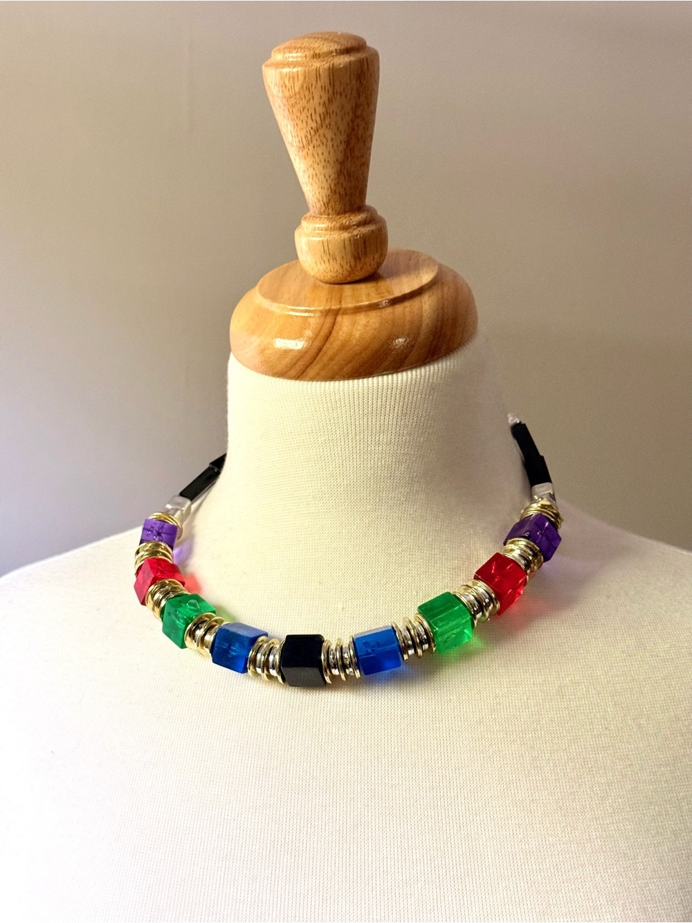 Vintage 1980s Colorful Cube Bead Necklace & Matching Earrings